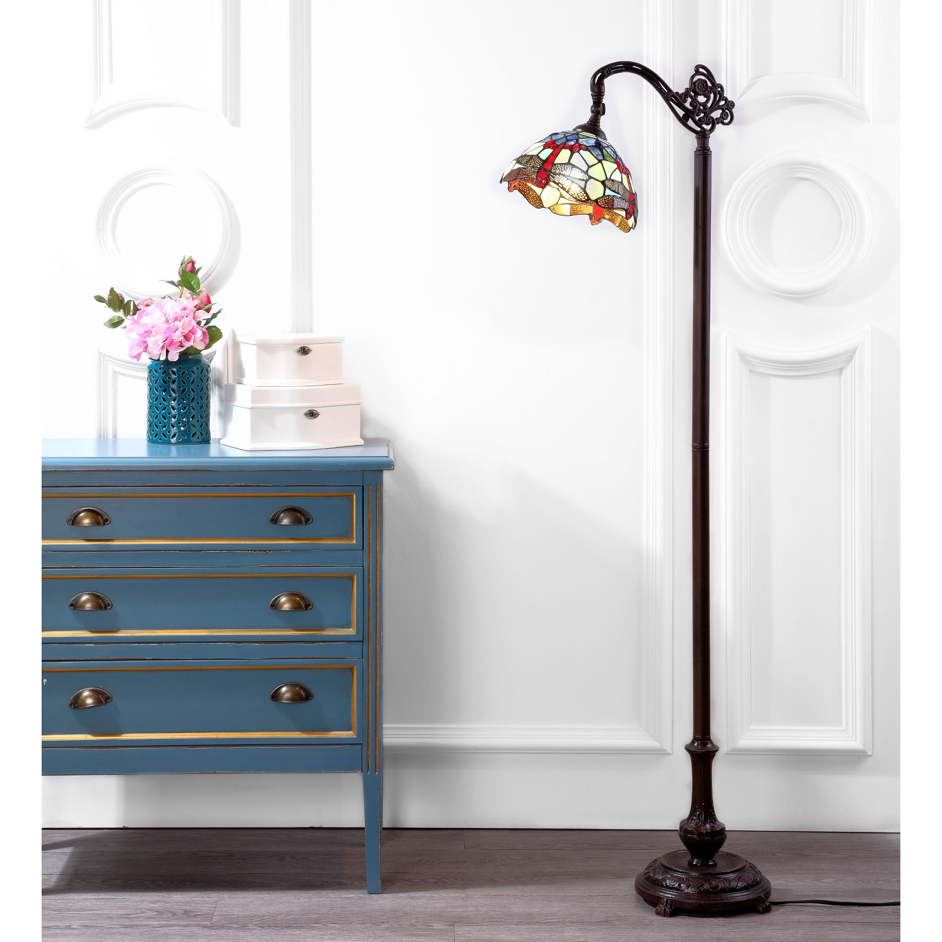 JONATHAN Y Dragonfly Tiffany-Style 60" Arched LED Floor Lamp, Bronze