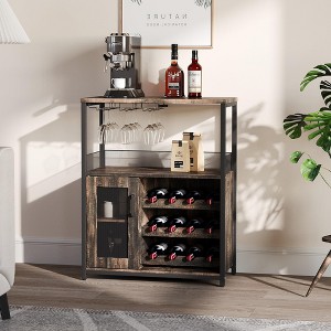 3-Tier Industrial Wine Bar Cabinet with Detachable Wine Rack, Drawer, Glass Holder & Mesh Doors Durable Sideboard and Buffet Storage, Wood - 1 of 4