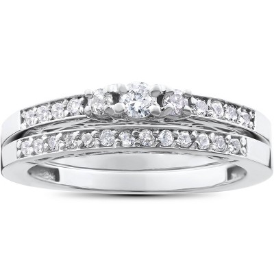 Pompeii3 1/2ct 3 Stone Engagement Wedding Ring Set 14K White Gold