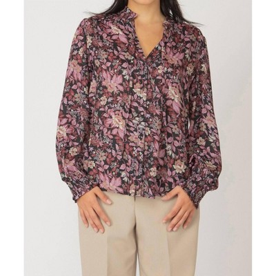 Women's Fall Floral Ruffle Detail Tie Front Blouse - BLACK TAPE