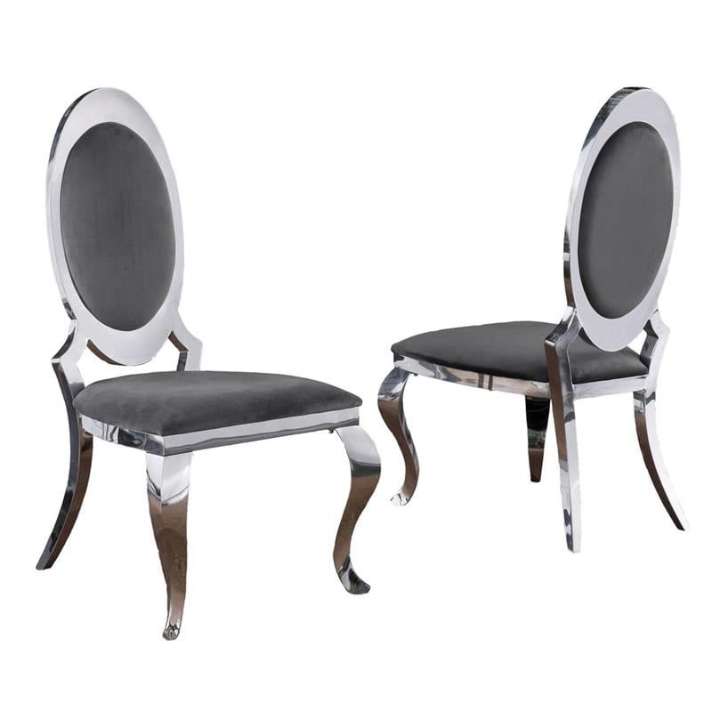 Classy Round Back Dark Gray Velvet Side Chairs with Silver Legs (Set of 2), 1 of 3