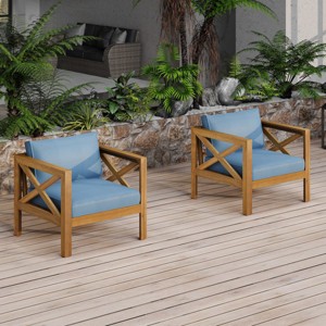 Outdoor Acacia Wood Club Chairs Set of 2, Patio Armchairs with Cushions and Teak Finish for Porch, Deck or Garden – Koiai - 1 of 4