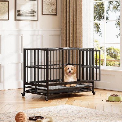 Heavy Duty Dog Cage、Metal Kennel and Crate Dog Playpen for Large Dogs, Dog Crate with Lockable Wheels and Slide-out Tray
