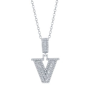 Bella Silver Sterling Silver 'V' Baguette CZ Initial 18" Pendant Necklace  - Silver - 1 of 2