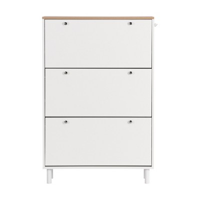 Vynxaria Minimalist Slim Tipping Bucket Shoe Cabinet with Hanging Hooks and 3 Flip Drawers - Stylish Entryway Organizer in White