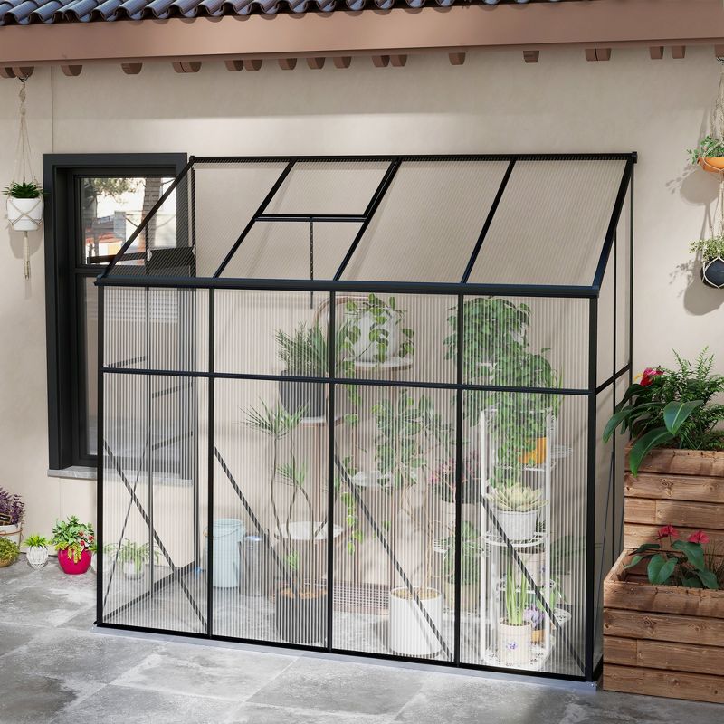 Outsunny Lean-to Polycarbonate Greenhouse with Sliding Door, Roof Vent, Rain Gutter, Walk-in Aluminum Hot House, Black, 2 of 7