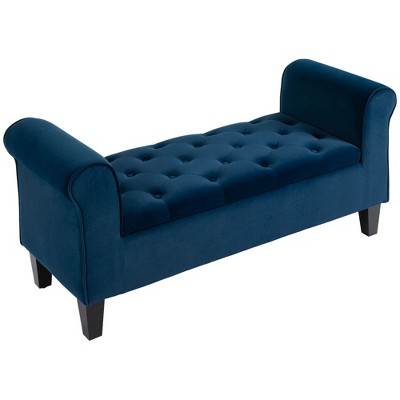 Elegant Blue Velvet Button-Tufted Ottoman Bench with Storage and Rolled Armrests