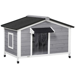 PawHut Dog House Outdoor, Wooden Cabin Style Raised Dog Kennel Shelter with Openable Roof, Removable Bottom, Windows, Curtain, Foot Covers, Gray - 1 of 4