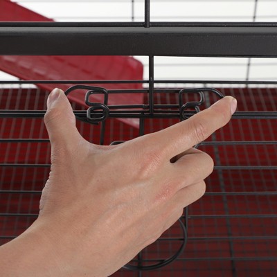PawHut Red and Black Small Animal Cage with Ramp and Feeder