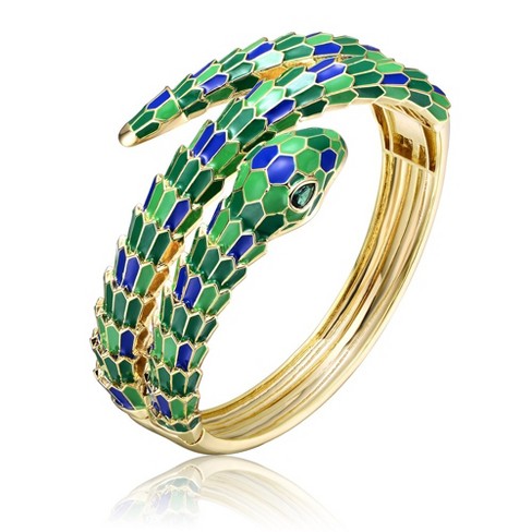 14k Yellow Gold Plated with Emerald Cubic Zirconia Green & Blue Enamel 3D Serpent Coiled Bypass Wrapped Bangle Bracelet - image 1 of 3