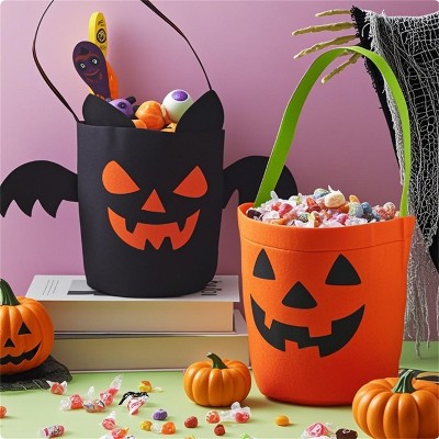 Joyfy 2 pcs Halloween Orange Pumpkin Candy Bucket, Black Reusable Bat Trick or Treat Goody Tote Bags, Portable Felt Baskets for Kids Party Favors