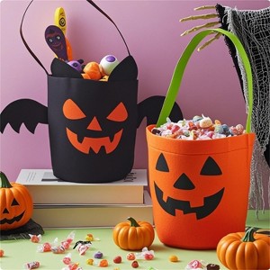 Joyfy 2 pcs Halloween Orange Pumpkin Candy Bucket, Black Reusable Bat Trick or Treat Goody Tote Bags, Portable Felt Baskets for Kids Party Favors - 1 of 4
