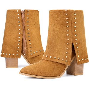 BLISSFUL STEP Women's Block Heel Fold Over Pointy Toe Studded Mid-Calf Boots - 1 of 4