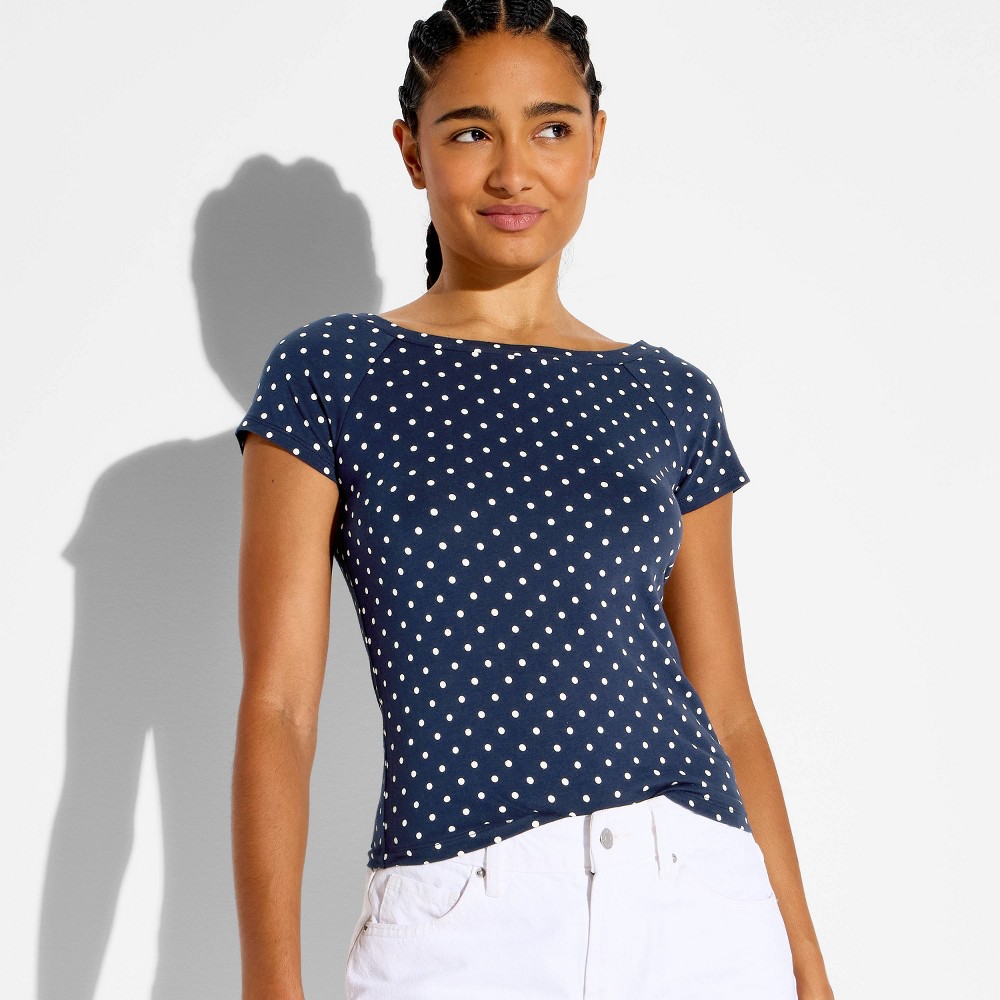 Women's Short Sleeve Off the Shoulder T-Shirt - Wild Fable™ Navy Blue Polka Dots L