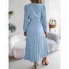 Women Fall Casual Pleated Long Sleeve Maxi Dress V Neck Button Boho Flowy Swing A Line Long Dress with Belt - 4 of 4