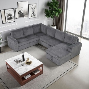 115.6" Corduroy U-Shaped Modular Sectional Sofa with Bed & USB - 1 of 4