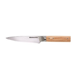KitchenAid Premium 5.5" Damascus Serrated Utility Knife: Forged Stainless Steel Blade, Riveted Wood Handle, Hand Wash - 1 of 4