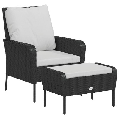 vidaXL Black Poly Rattan Modern Outdoor Patio Chair and Footstool Set - Weather Resistant, Sturdy Steel Frame
