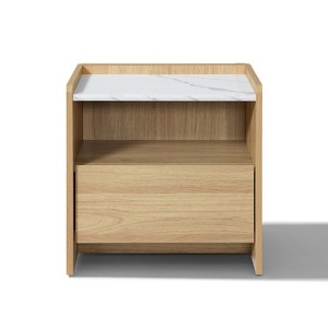 LuxenHome Hazel Oak Nightstand & End Table with Storage, Raised Sides, Faux Marble Top, Durable Manufactured Wood Brown - 1 of 4