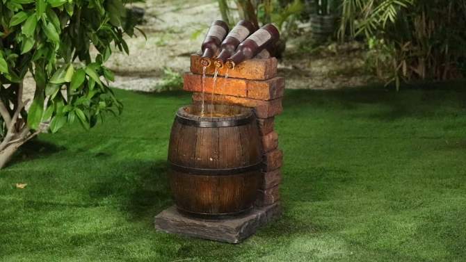 LuxenHome Resin Wine Bottle and Barrel Outdoor Fountain with LED Lights Brown, 2 of 8, play video