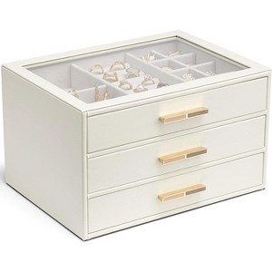 Jewelry Box with Glass Lid & 3 Drawers, Cloud White Organizer for Necklaces, Rings & Earrings, Mother's Day Gift - 1 of 4