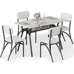 Dining Table Set with 4 Chairs Kitchen Table with Boucle Chairs for 4 Marble-Look Rectangular Table & 4 Upholstered Armchairs - 1 of 4