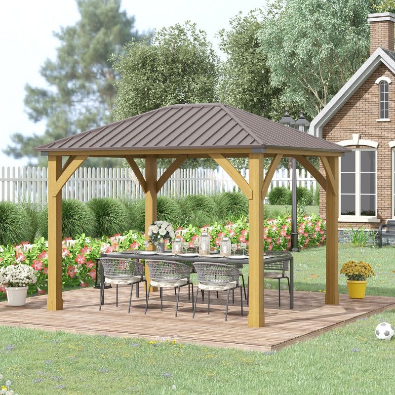 Outsunny 10x12 Galvanized Steel Gazebo with Wooden Frame, Permanent Metal Roof Gazebo Canopy for Garden, Patio, Backyard, 3 of 9