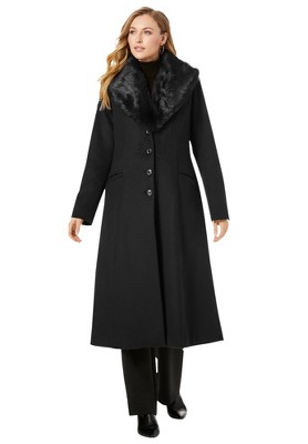 Jessica London Women's Plus Size Long Wool-blend Coat With Faux Fur Collar  - 16, Black : Target