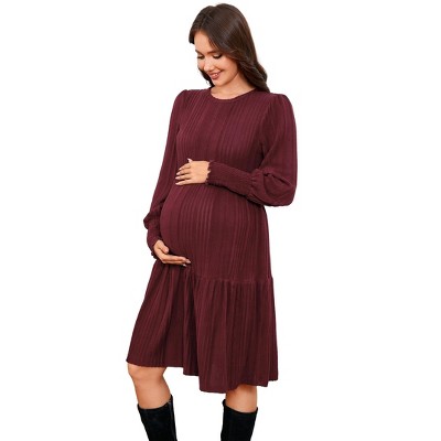 Coolmee Women's Maternity Long Lantern Sleeve Ribbed Knit Dresses Crew Neck Casual Fall Winter Flowy Swing Tunic Sweater Midi Dress