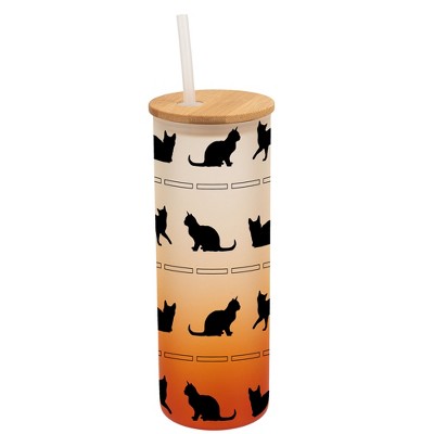 Elanze Designs Kitty Cat Lover Pet Animal Wrap-Around Design 25 Ounce Frosted Gradient Glass On-The-Go Coffee Travel Skinny Tumbler Mug Cup, Bamboo