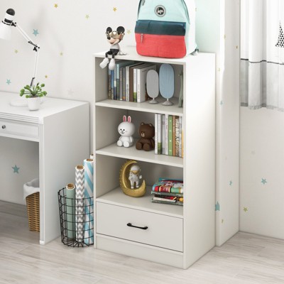 White 48" Modern Wood Bookcase with Drawer and Shelves