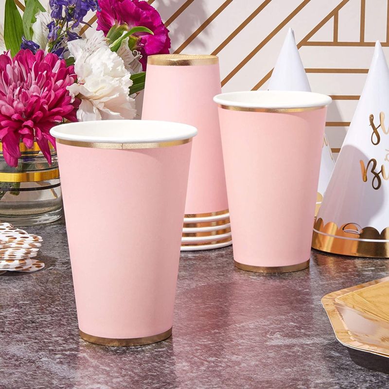 Juvale 50-Pack Light Pink Disposable Paper Cups with Gold Foil 12 oz Party Supplies, 3 of 6
