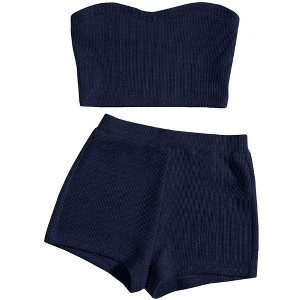 Women's 2 Piece Outfit Ribbed Crop Bandeau Tube Top and Biker Track Shorts Sets - 1 of 4