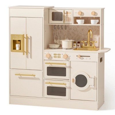 ROBOTIME Play Food And Toy Kitchens Kids Wooden Kitchen Play Set, Pretend Playset Toy with Refrigerator, Oven, Dishwasher, Beige, 11.6"*32"*35"