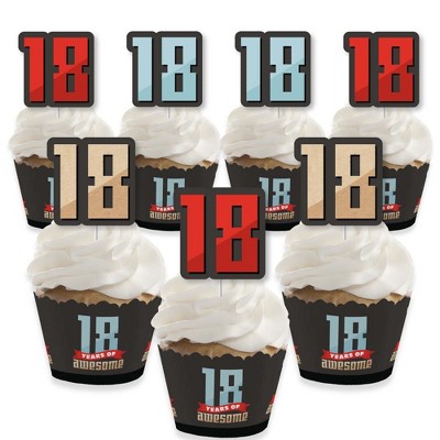 Big Dot of Happiness Boy 18th Birthday - Cupcake Decoration - Eighteenth Birthday Party Cupcake Wrappers and Treat Picks Kit - Set of 24