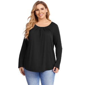 Women's Plus Size Pleated Front Long Sleeve Top - Convertible Cuff Loose Fit Blouse - 1 of 4