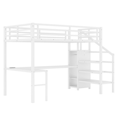 Bellemave Full Size Loft Bed with Staircase, L-shaped Desk and Wardrobe, Metal LED Loft Bed Frame£¬ White
