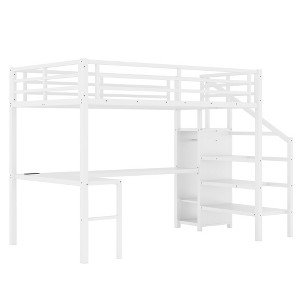 Bellemave Full Size Loft Bed with Staircase, L-shaped Desk and Wardrobe, Metal LED Loft Bed Frame£¬ White - 1 of 1