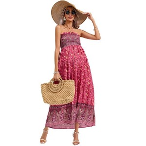 Maternity Sleeveless Smocked Dress Summer Casual Strapless Floral Tube Top Maxi Dress Photoshoot Baby Shower - 1 of 4