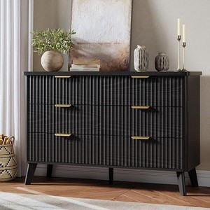 6 Drawers Dresser for Bedroom, Wide Dressers with Curved Profile Design, Fluted Wood Drawers with Gold Handle, Chest of Dressers Thickened Design - 1 of 4