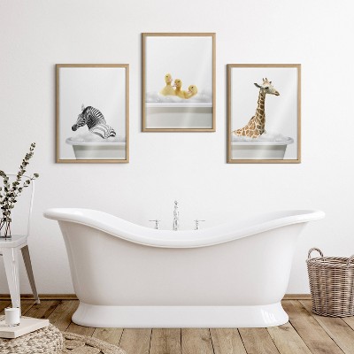 Natural Framed Baby Ducks Bubble Bath Wall Art