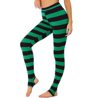 Allegra K Women's Printed High Waist Elastic Waistband Yoga Stirrup Pants  Black Green-Stripe X-Large