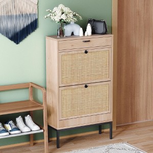 Brafabhome Narrow Shoe Storage Cabinet with 2 Flip Drawers, Freestanding Entryway Rattan Shoe Rack for Sneakers, High Heels and Slippers | 12 Pairs - 1 of 4
