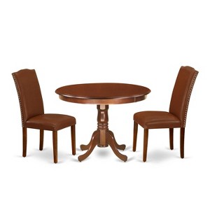 Dining Room Table Set 3pc 42 Inch Round Table w/ 2 Parsons Chairs - Brown Faux Leather - 1 of 4