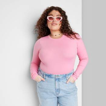 Women's Long Sleeve V-Neck Cozy Rib T-Shirt - Wild Fable™ Light Pink 1X