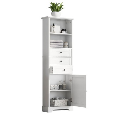 TiramisuBest White Tall Storage Cabinet with 3 Drawers and Adjustable Shelves for Bathroom, Kitchen and Living Room, MDF Board with Painted Finish