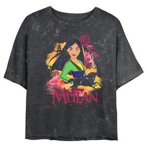 Juniors Womens Mulan Colorful Poster Mineral Wash Crop T-Shirt - 1 of 4