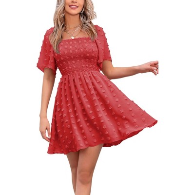 EXLURA Women's Summer Casual Square Neck Dresses Ruffle Short Sleeve Swiss Dot Flowy Mini Dress