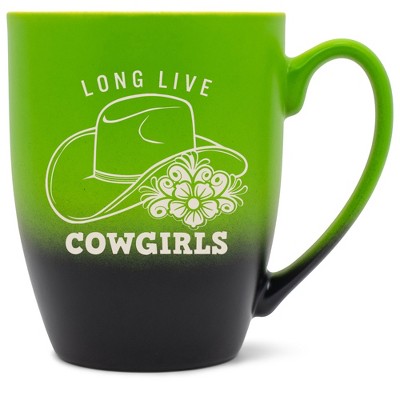 100 North Floral Western Hat 10 Ounce Green and Black Two Toned Ombre, Comfortably Fits Your Hands, Ceramic Tea Coffee Cup Mug, Long Live Cowgirls