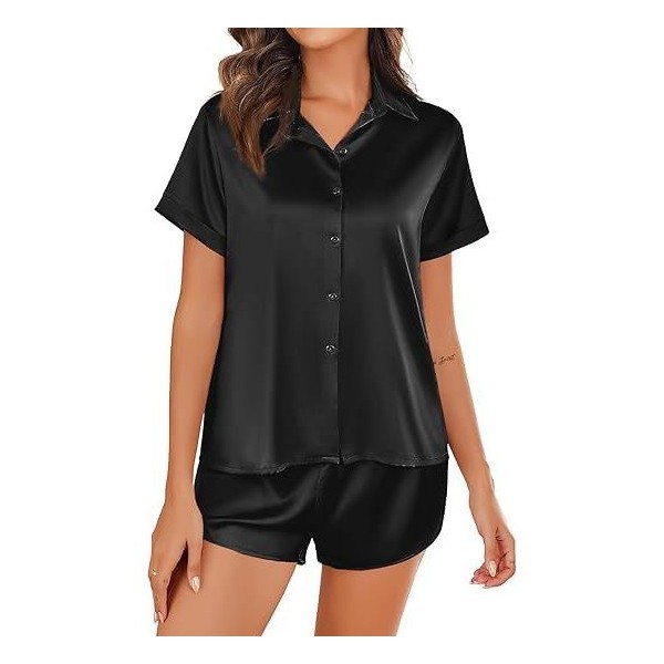 Pijama de Seda para Mujer Ekouaer, Conjunto de Manga Corta con Botones, 2 Piezas